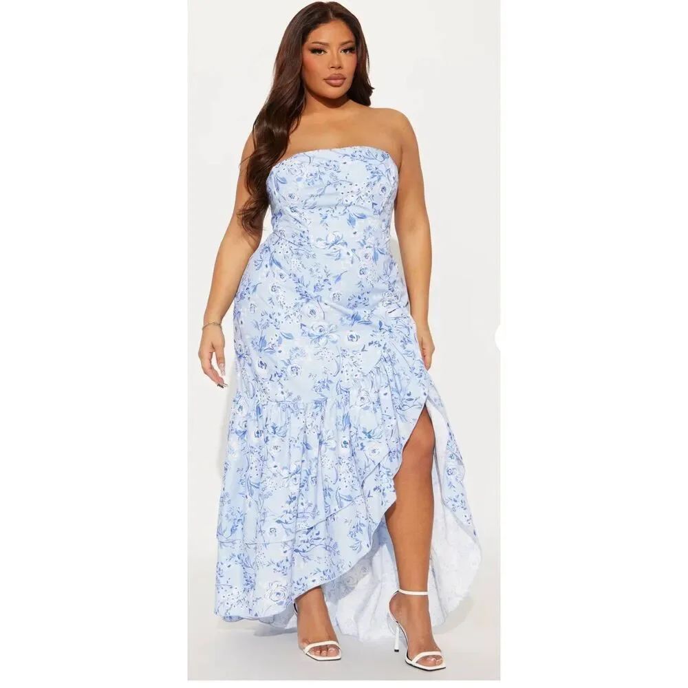 Fashion Nova Wendy Strplss Corset Light Blue Floral Ruffle Maxi Dress,NWOT,XL